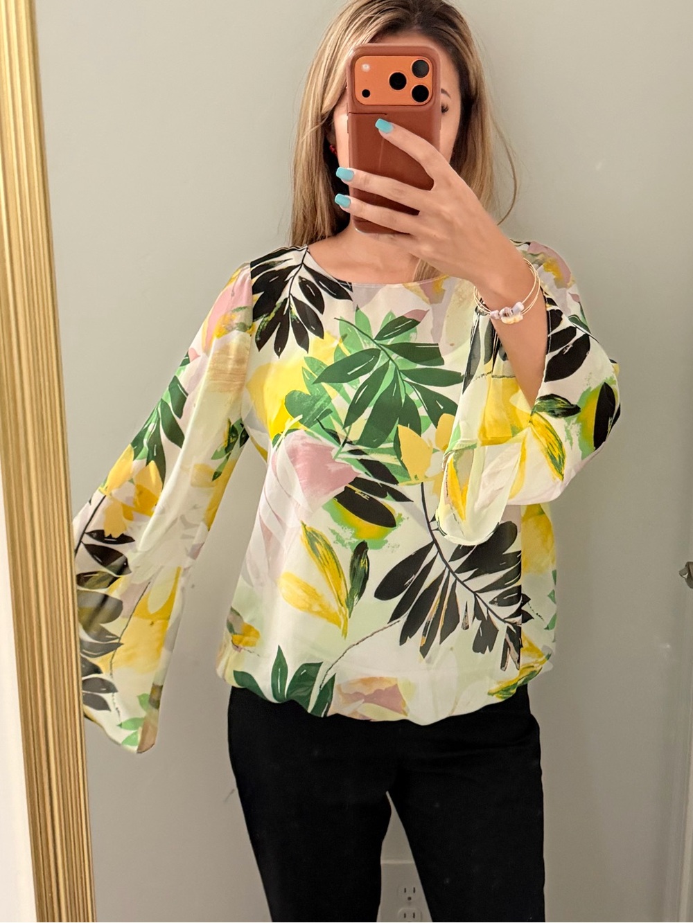Alfani Green Multi Tropical Sheer Blouse